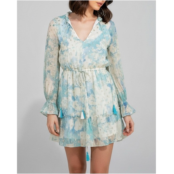 HEMANT & NANDITA Kaiyo Long Sleeves Mini Dress, Turquoise Blue, Small - Picture 2 of 11